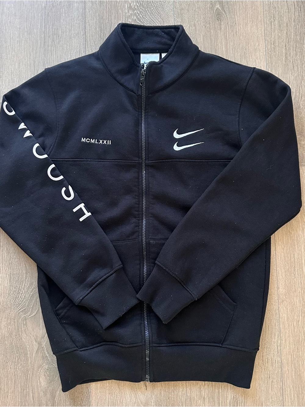 Nike Black Double Swoosh Full-Zip Jacket with Iconic Swoosg Sleeve Men’s Medium